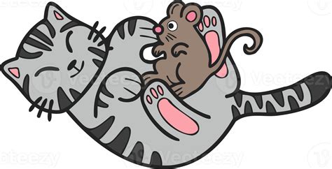 Free Hand Drawn Striped Cat And Mouse Illustration In Doodle Style