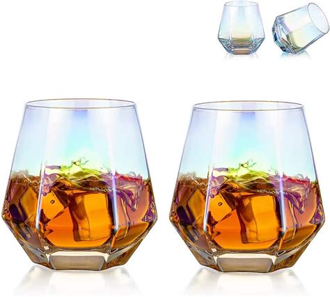 Diamond Whiskey Glasses Set Of 2 Water Juice Tumbler Tilted Scotch Glass 300ml Whisky Glass