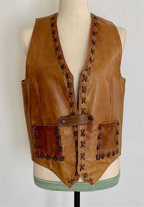 Western Tan Leather Vest Vintage Handmade Distressed Faded Patina