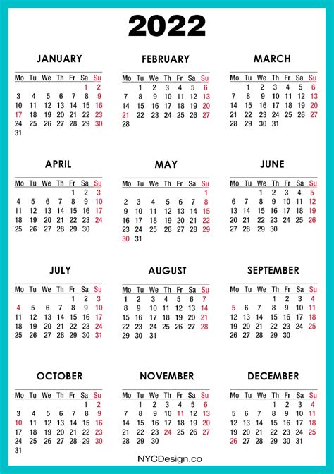 2022 Calendar With Us Holidays Printable Free Turquoise Monday