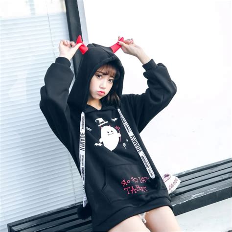 Japanese Girl Little Devil Horns Gothic Hooded Sweatshirts Women Autumn