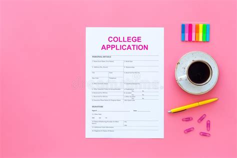 Apply College Empty College Application Form Near Coffee Cup And Stationery On Pink Background
