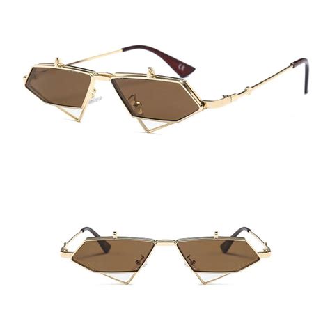 Peekaboo Gold Steampunk Flip Up Sunglasses Men Vintage Red Metal Frame Triangle Sun Glasses For