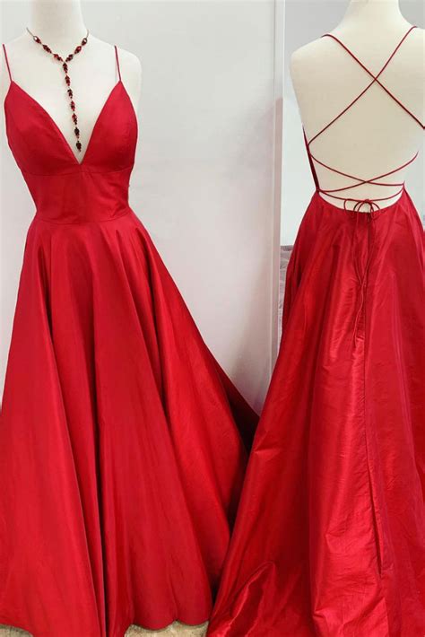 Red V Neck Backless Satin Long Prom Dress Red Evening Dress Shdress