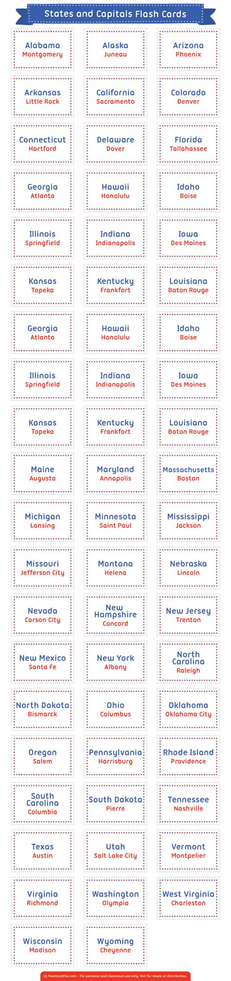 Free Printable States And Capitals Flash Cards Download Them In Pdf