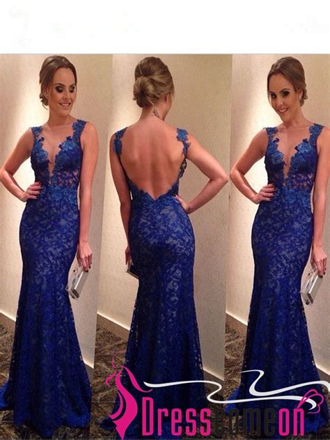 Backless Royal Blue Lace Prom Dresses Open Back Long Lace Prom Gown