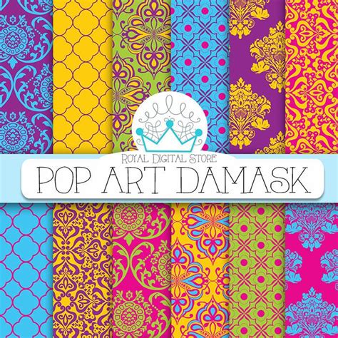 Pop art, art in which commonplace objects (such as comic strips, soup cans, road signs, and hamburgers) were used as subject matter and were often physically incorporated into the work. Damask digital paper: " Pop Art Damask" with damask background, instant download, scrapbook ...