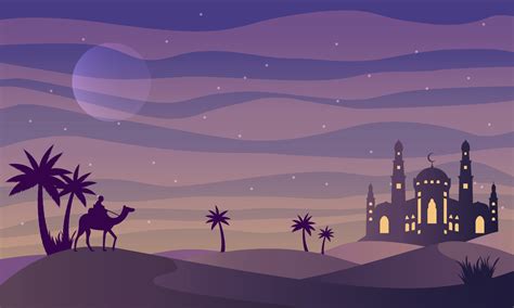 Man Riding Camel In Desert Night With Mosque And Moon Background