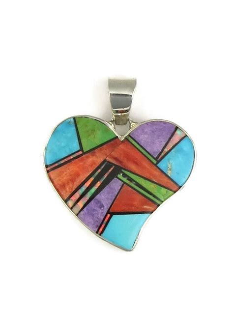 Multi Gemstone Inlay Reversible Heart Pendant By Calvin Begay PD3829