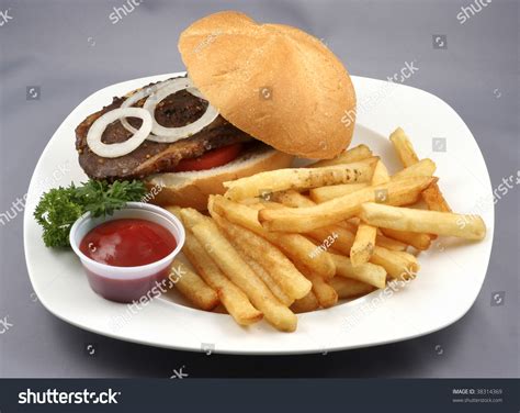 Burger And Fries With Tomato Ketchup In A Plate Stock Photo 38314369