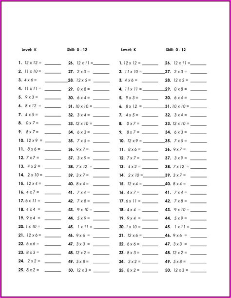 Multiplication Test Printable 1 12