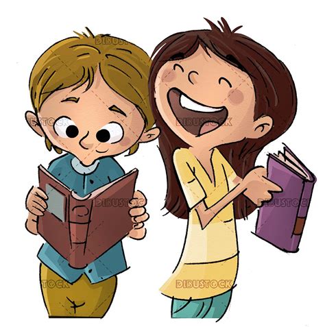 Girl And Boy Laughing While Reading A Book Illustrations From