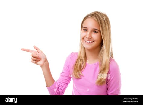 Attraktive Junge Mädchen Zeigen Den Finger Weißer Hintergrund
