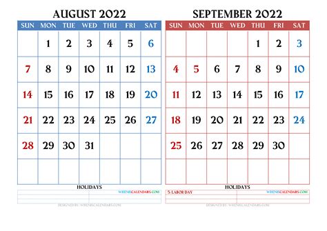 Free August September 2022 Calendar Printable Pdf