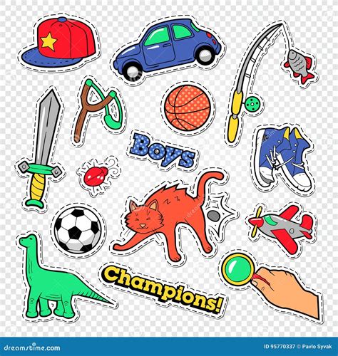 Boy Childhood Doodle With Ball Toys And Clothes Kids Stickers Badges