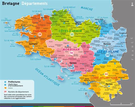 Région bretagne, son territoire, ses départements et ses villes importantes. Carte de Bretagne avec villes principales - images et ...