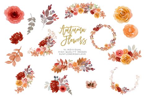 Burgundy Autumn Floral Watercolor Clipart By Sunflower Day Love