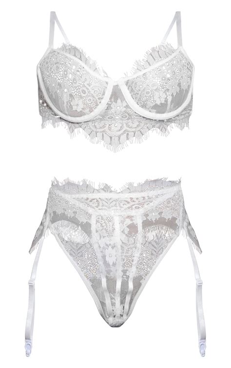 White Floral Lace Binding 3 Piece Lingerie Set Prettylittlething Ca