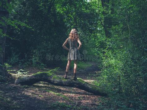 Young Woman Standing On A Log In The Forest Stock Photo Image Of