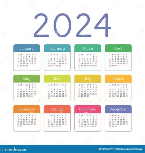 Calendario 2024 Año Plantilla De Bolsillo Cuadrado De Vector De Color