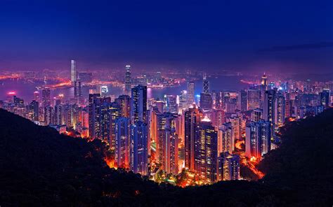 Hong Kong At Night Lighting Buildings Skyscrapers Port Wallpaper For