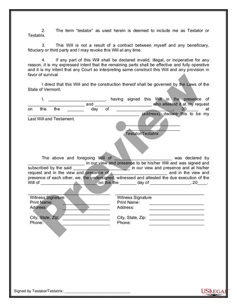 Vermont Legal Last Will And Testament Form With All Property To Trust