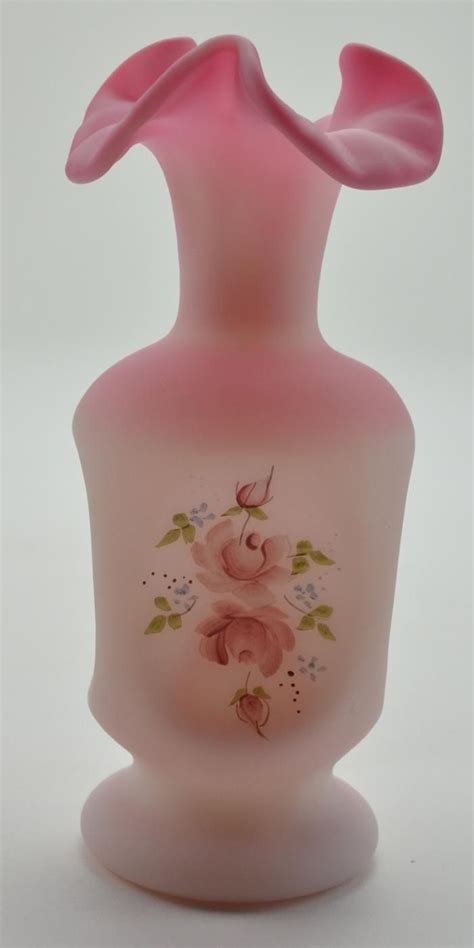 Fenton Art Glass ~ 2 Toned Pink Satin Flower Vase Hand Painted Rose Motif Hobnail Vase