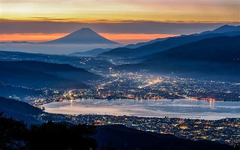 Japan Sea Nature Valley Lights Cityscape Mount Fuji Mist Clouds