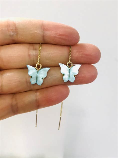 Dainty Butterfly Threader Earrings Pearl Butterfly Earrings Etsy
