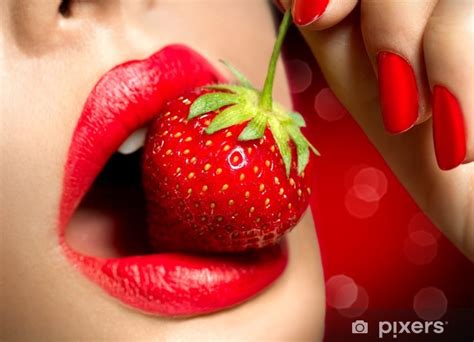 Wall Mural Sexy Woman Eating Strawberry Sensual Red Lips Pixershk