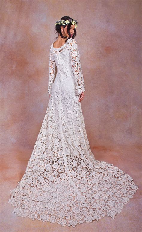 70s style lace bohemian wedding dress ivory or white crochet etsy