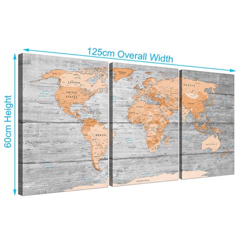 Large Orange Grey Map Of World Atlas Canvas Wall Art Print Split 3