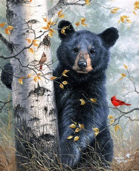 A Painting Of A Black Bear Standing Next To A Tree With Yellow Leaves On It