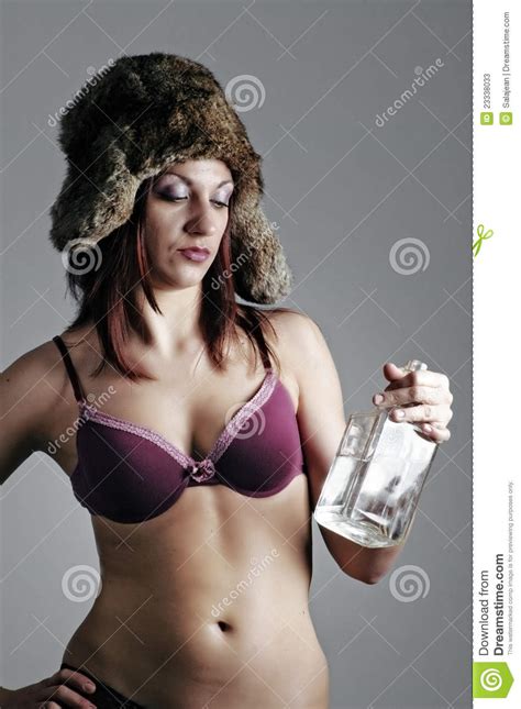 Woman With A Bottle Of Vodka Stock Image Image Of Fetish Brassiere 23338033