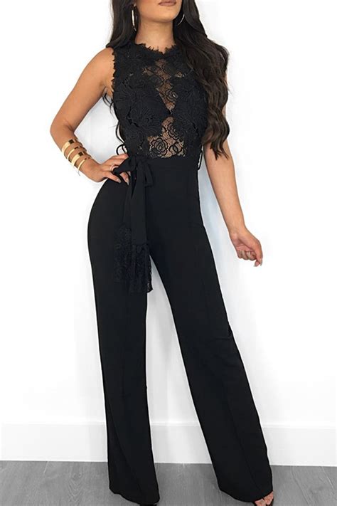 Lovely Sexy Patchwork Black Twilled Satin One Piece Jumpsuit Jumpsuit