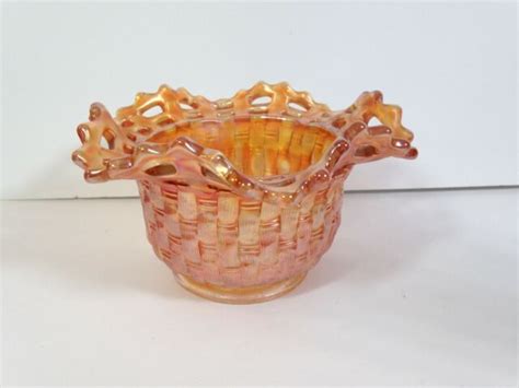 Fenton Marigold Carnival Glass Blackberry Interior Basket Weave Bowl R11 Ebay