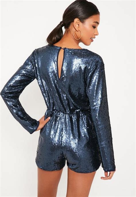 Navy Sequin Wrap Long Sleeve Romper Missguided