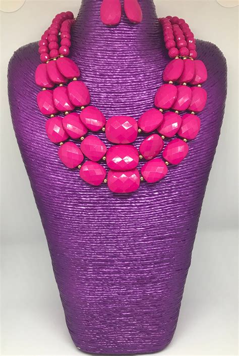 Hot Pink Chunky Statement Necklace Earring Set Adult Multi