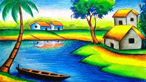 How To Draw Village Scenery With Oil Pastels Youtube