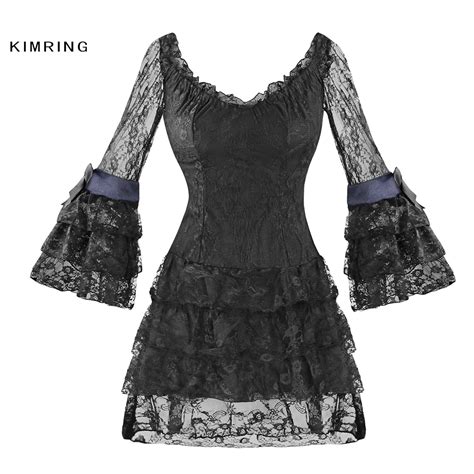 Kimring Sexy Women Lace Corsets Dress Gothic Black Bodycon Mini Dress
