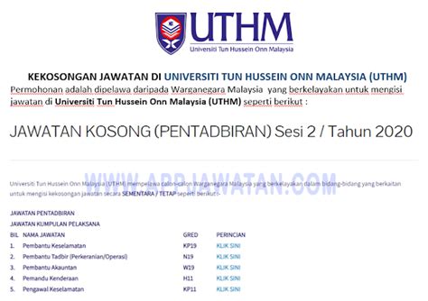 Semua jawatan kosong ini adalah jawatan pentadbiran. Jawatan Kosong di Universiti Tun Hussein Onn Malaysia ...