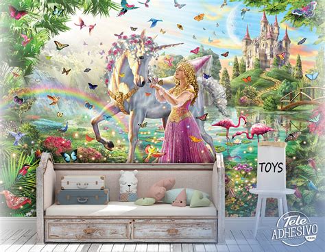 Wall Mural Princess And Unicorn In A Magical Garden