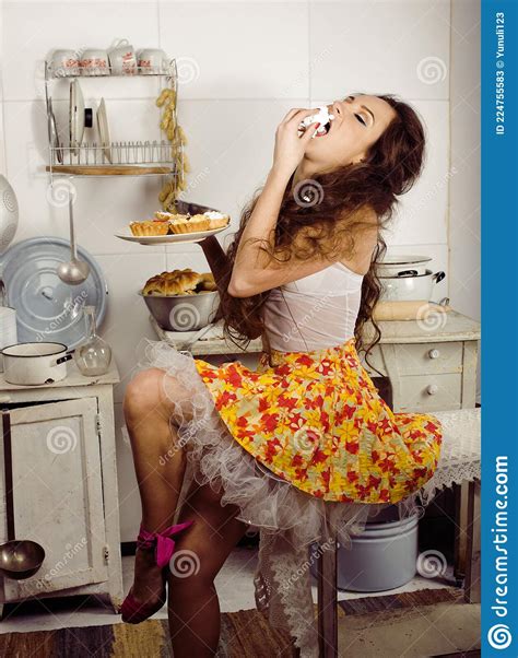 Crazy Real Woman Housewife On Kitchen Eating Perfoming Bizare Girl Stock Image Image Of