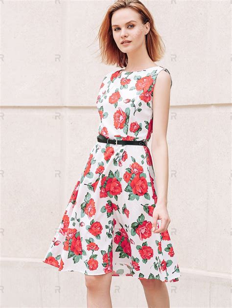 19 Off Stunning Womens Sleeveless Floral Print Belted Dress Rosegal