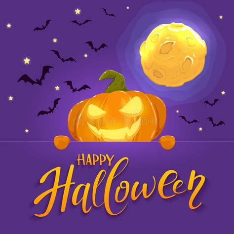 Happy Pumpkin With Moon And Bats On Halloween Background Stock Vector