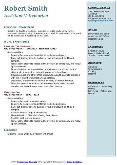 Veterinarian Resume Samples Qwikresume