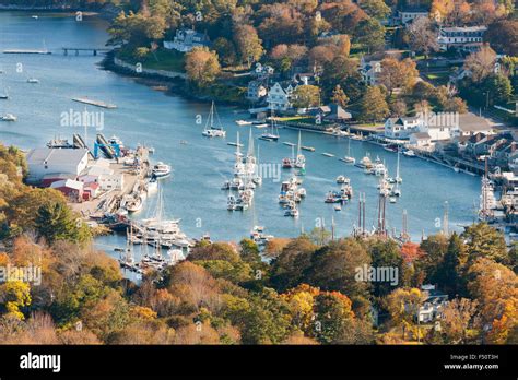 A Birds Eye View Of Camden Harbor And Surrounding Fall Foliage From Mt