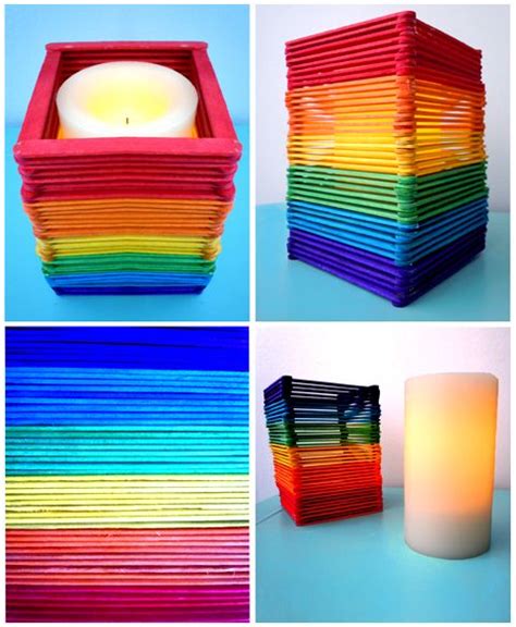 Diy Rainbow Lantern With Popsicle Sticks And A Flameless Candle By