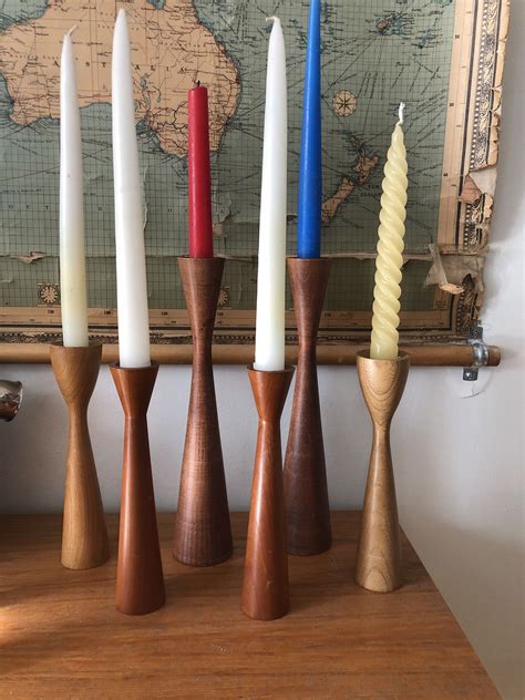 Set Of 6 Mcm Candlestick Holders Turned Wood In 2020 Candlestick