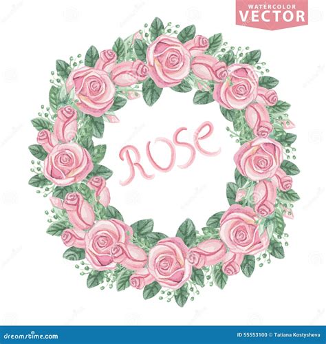 Watercolor Pink Roses Wreathcute Vintage Flowers Vector Illustration